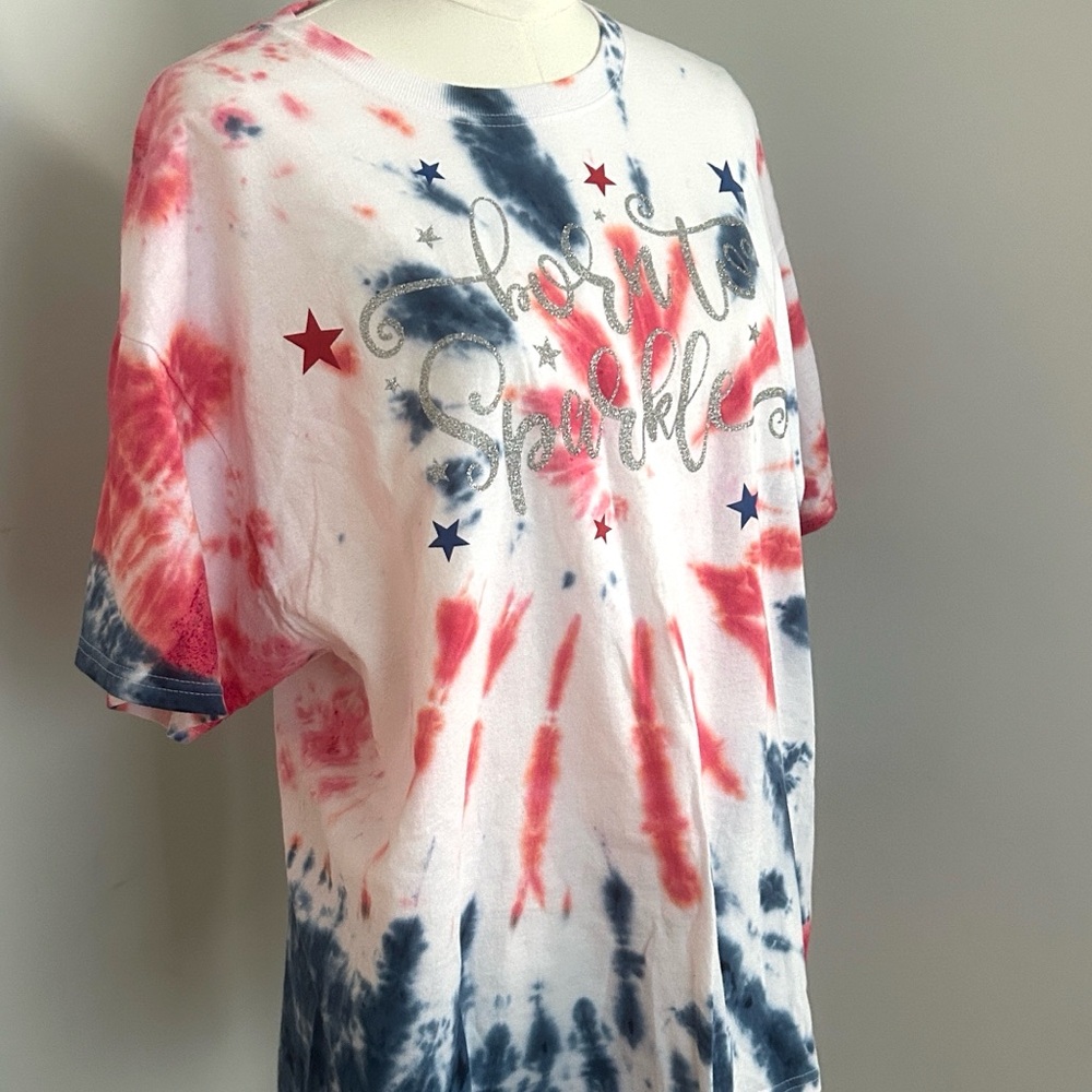 Tie Dye T-Shirt Red White Blue Patriotic Tee Silver “Born to Sparkle” Artisan XL - Picture 3 of 8